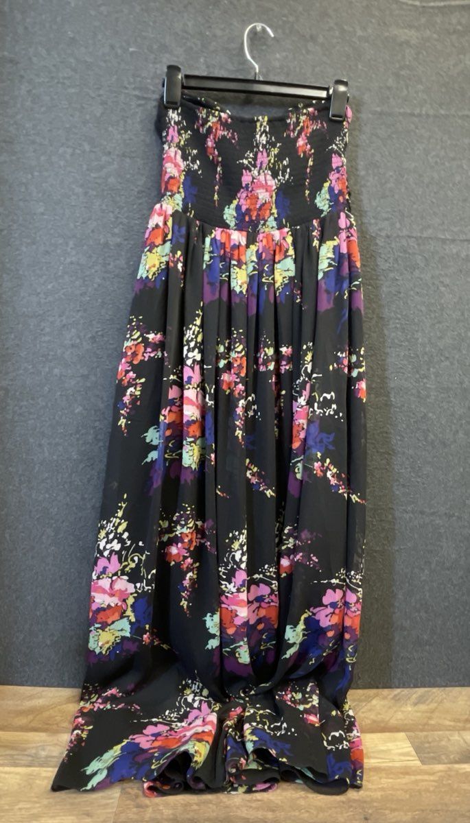 Express Women's Strapless Black Floral Maxi Dress Smocked Back Sz M