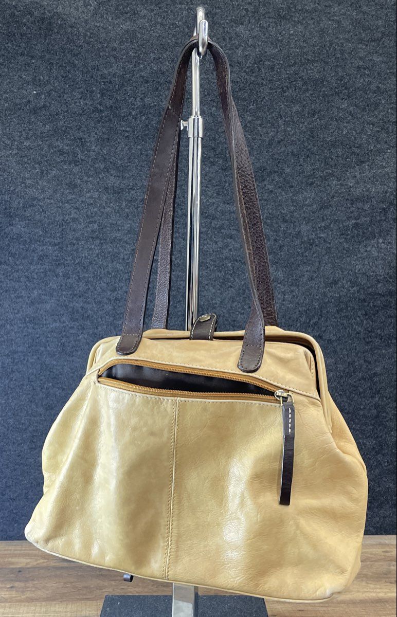 Sophia Visconti Cream Leather Multi Pocket Shoulder Bag Tote Brown Trim