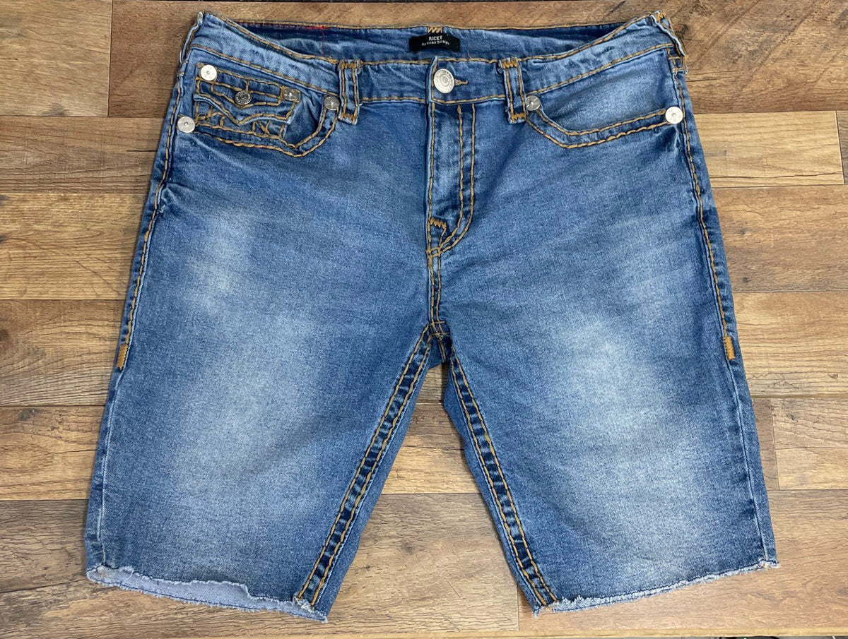 True Religion Men's Blue Ricky Relaxed Straight Cut-Off Denim Shorts Size 38