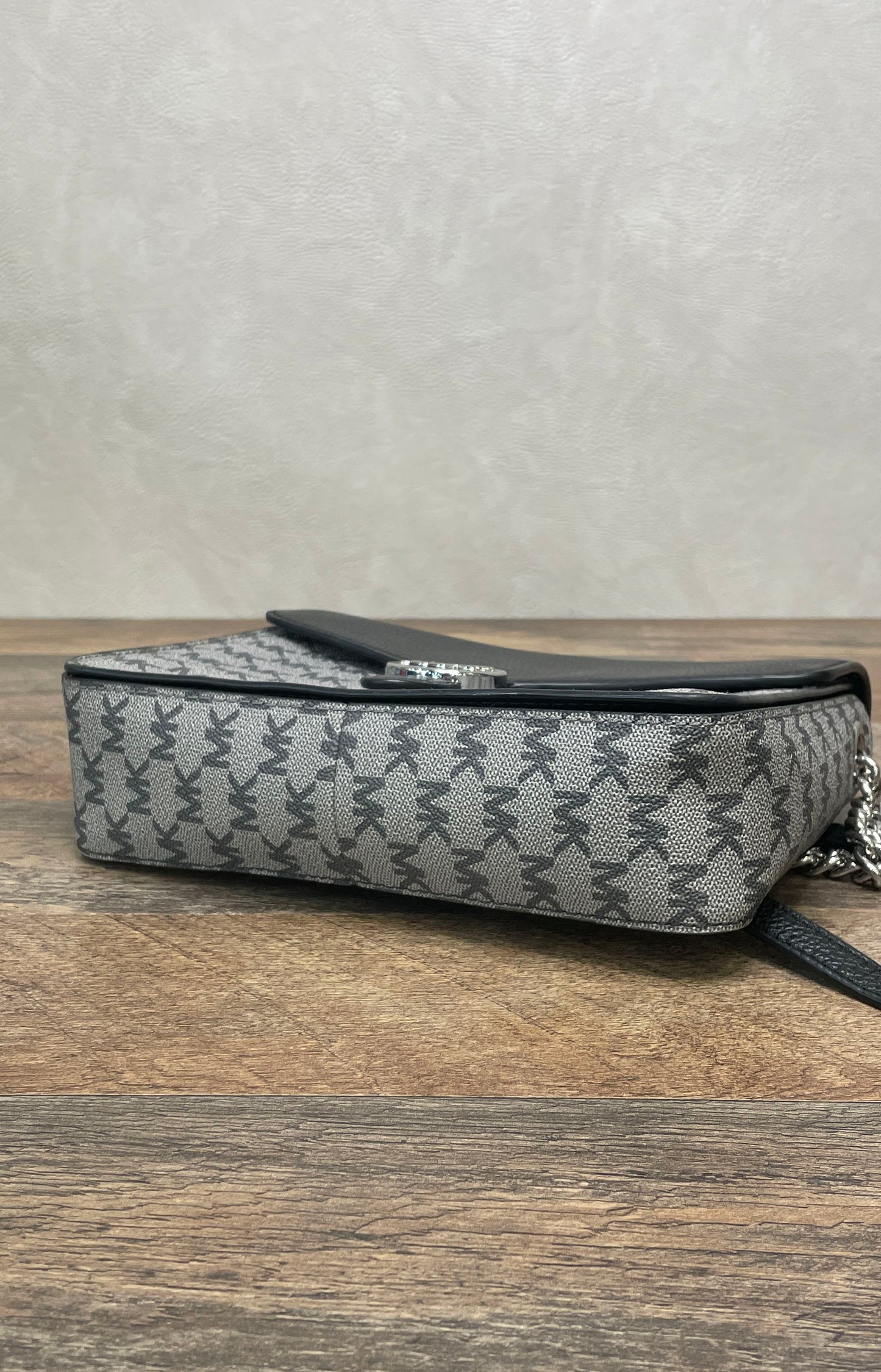 Michael Kors Grey Black Monogram MK Signature Crossbody Bag Silver Hardware