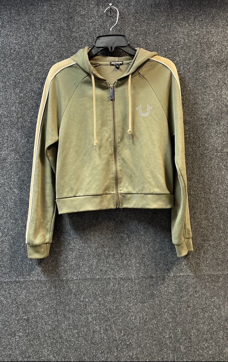 True Religion Women's Green Cropped Zip Up Hoodie Rhinestone Sunburst Logo Sz S