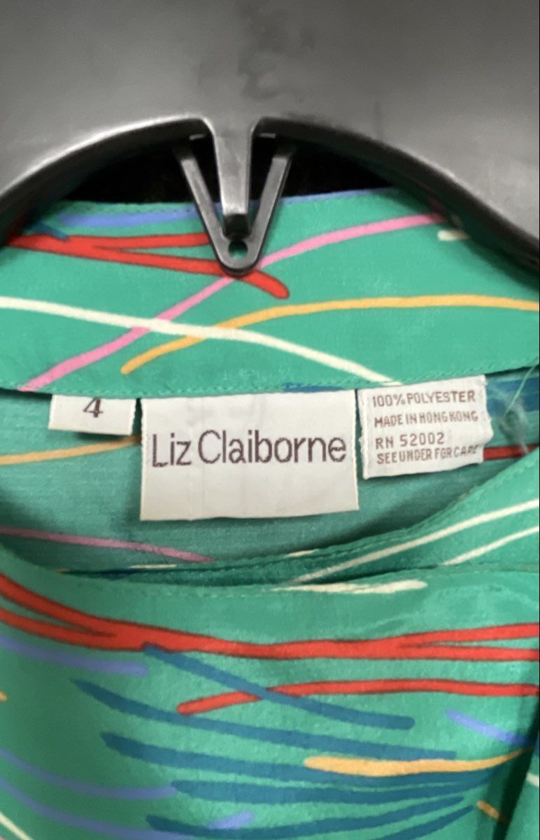Vintage 90s Liz Claiborne Women's Green Abstract Ruffle Blouse Skirt Set Sz 4
