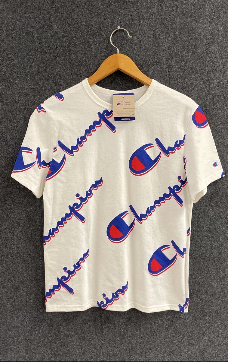 Champion Men's Heritage Allover Logo Print AOP T-shirt White NWT Size M