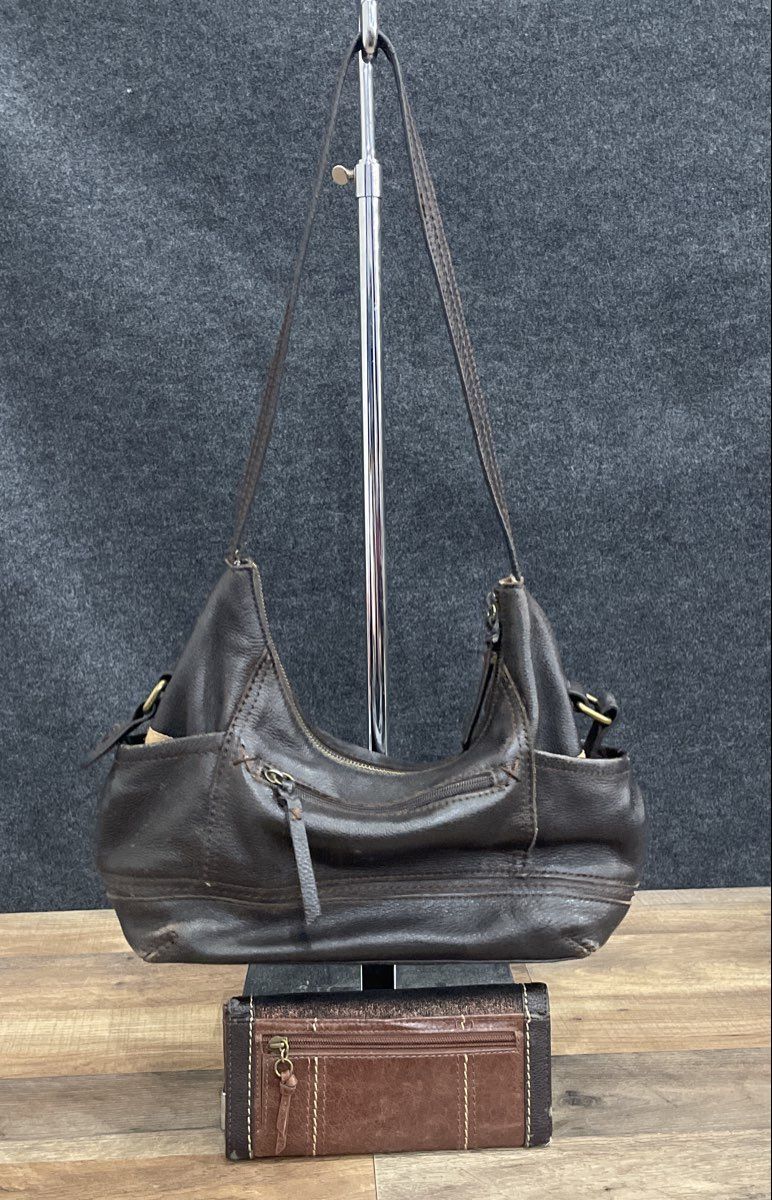 The Sak Dark Brown Pebbled Leather Shoulder Bag and Wallet Lot of 2 Pieces