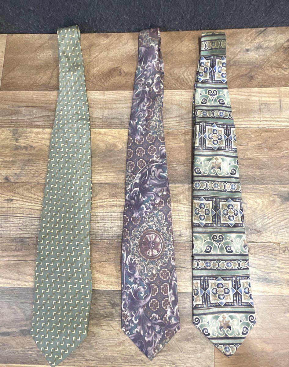 Vintage 90s Bill Bass Men's Silk Neckties Lot 3 Geometric Scroll Medallion