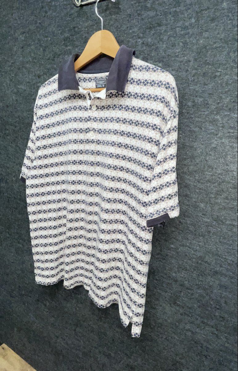 Haggar Men's Cool 18 Polo Shirt Blue Gray Diamond Stripe 100% Cotton Size L