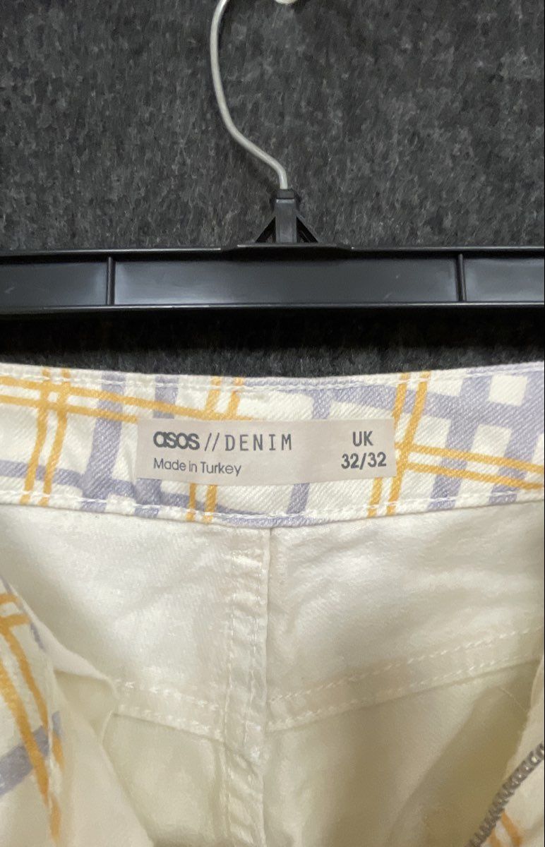 ASOS Denim Men's White Yellow Lavender Plaid Straight Leg Pants Sz 32/32