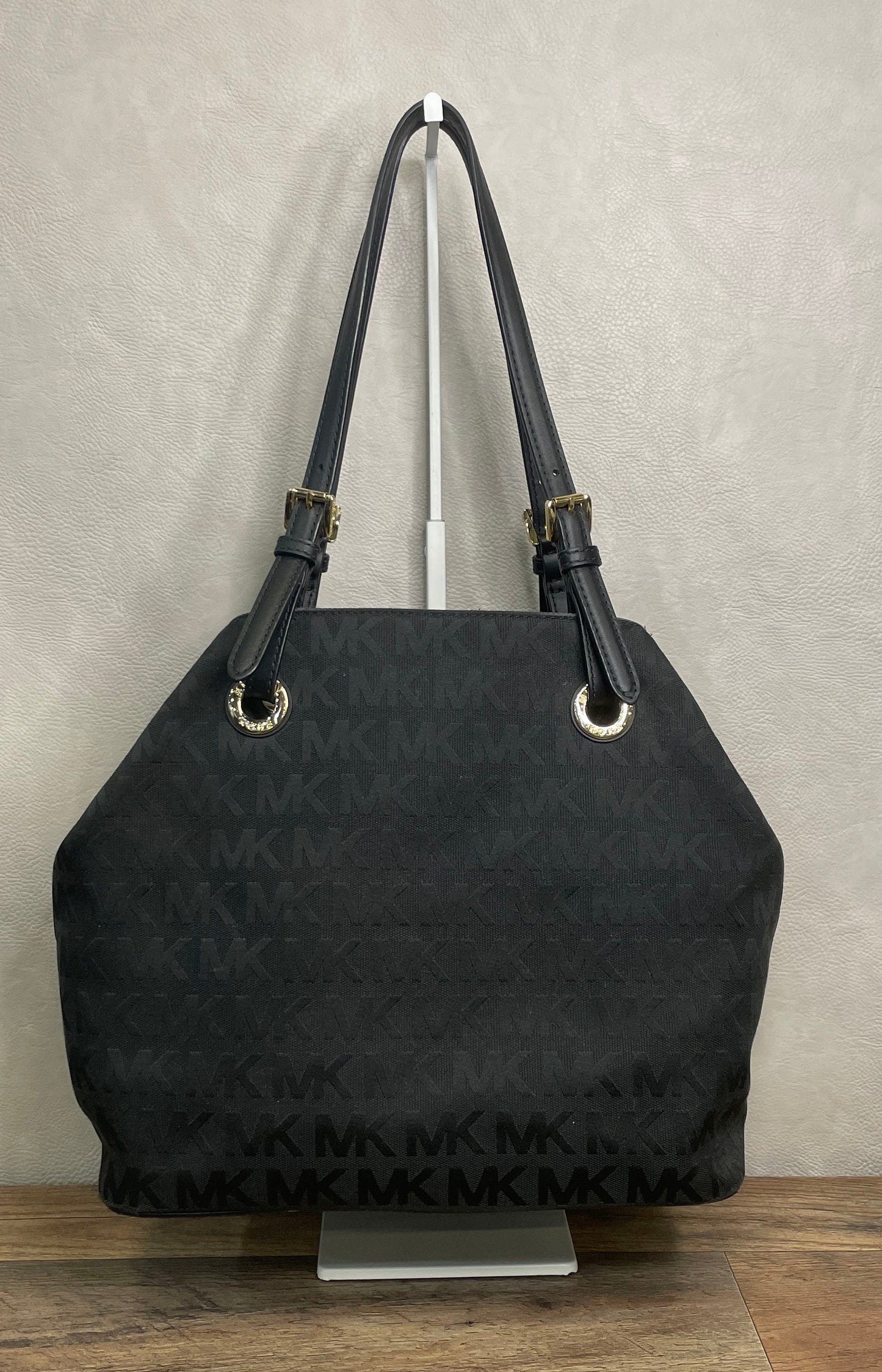 Michael Kors Black Monogram Canvas Leather Tote Bag Gold Hardware