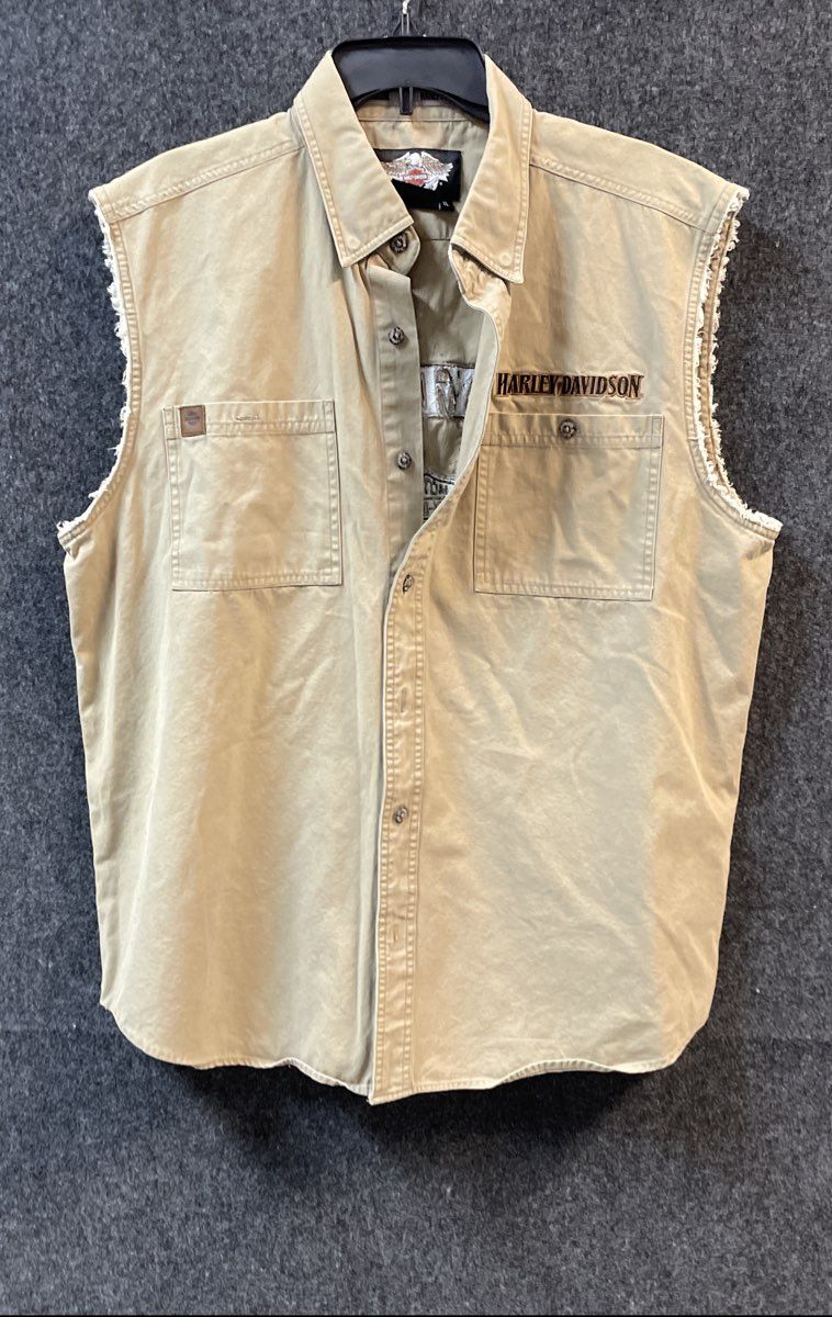 Harley-Davidson Khaki Canvas Sleeveless Embroidered Biker Shirt Sz XL