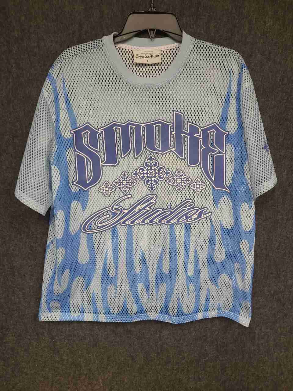 Smoke Rise Men's Mesh Jersey Shirt Blue White Flame Smoke Studios Graphic Sz M