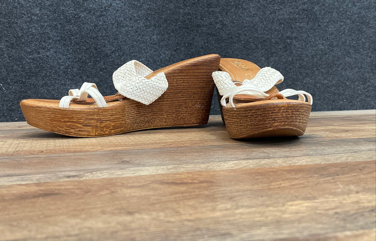 Italian Shoemakers White Brown Braided Strap Platform Wedge Slides Size 9