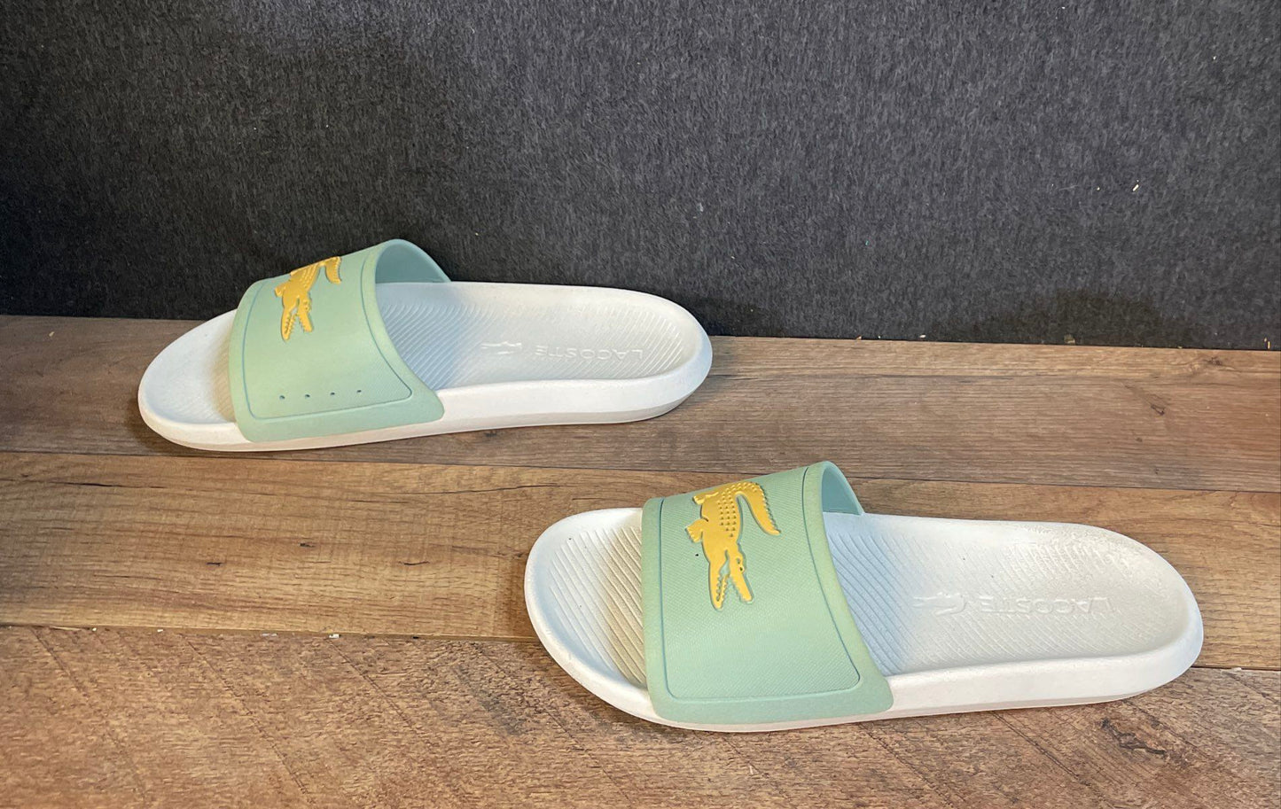 Lacoste Fraisier White Aqua Yellow Slide Sandals Size 10.5" Footbed