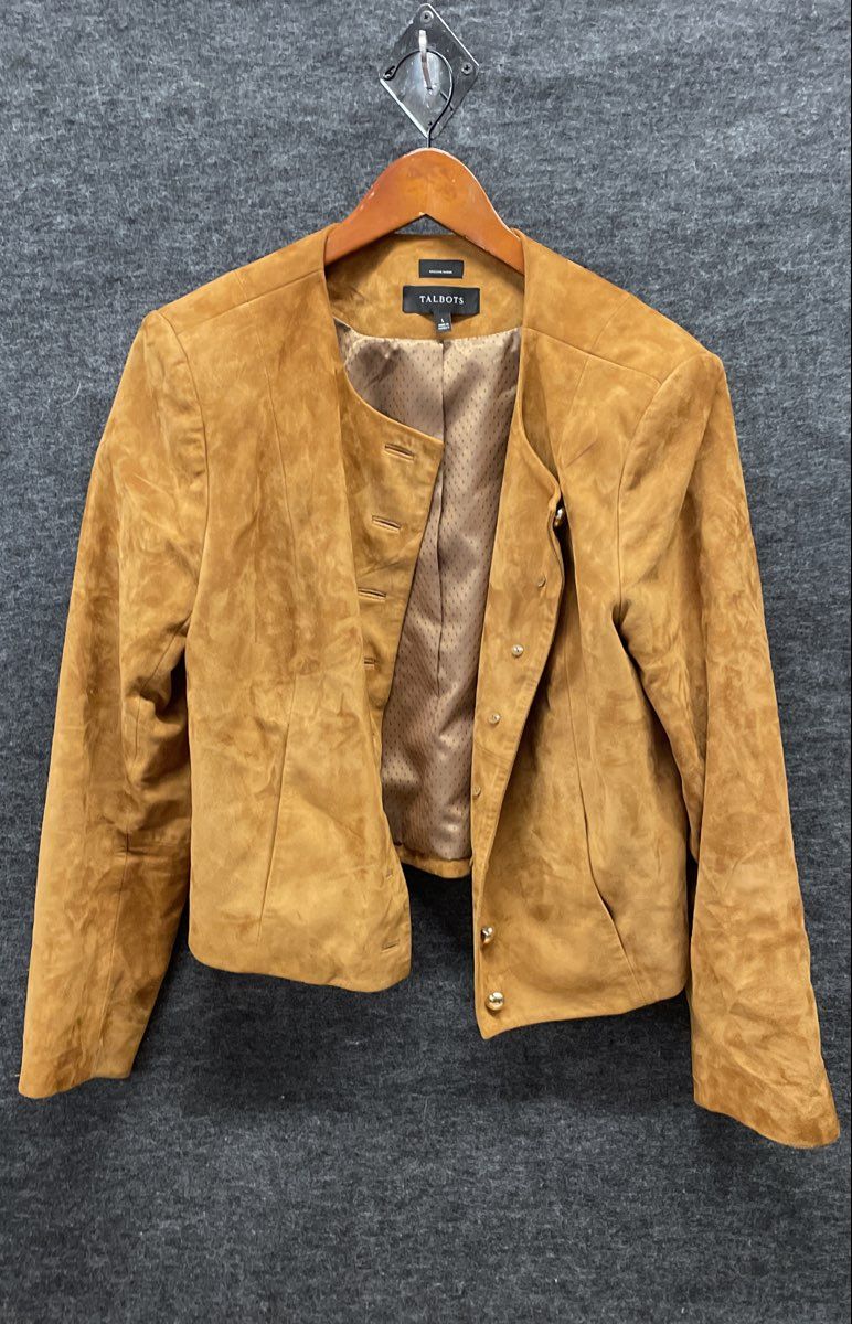 Talbots Women's Brown Genuine Suede Collarless Button Front Jacket Sz L