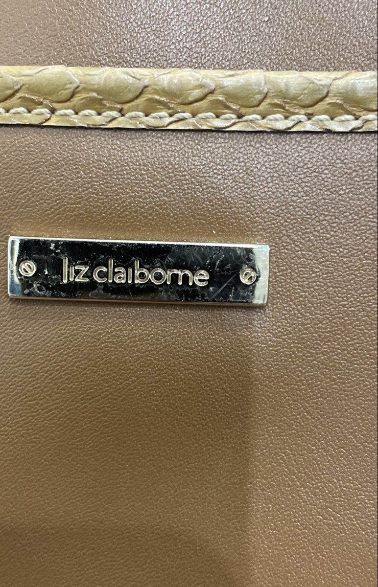 Liz Claiborne Brown Leather Tote Shoulder Bag Faux Croc Embossed Trim