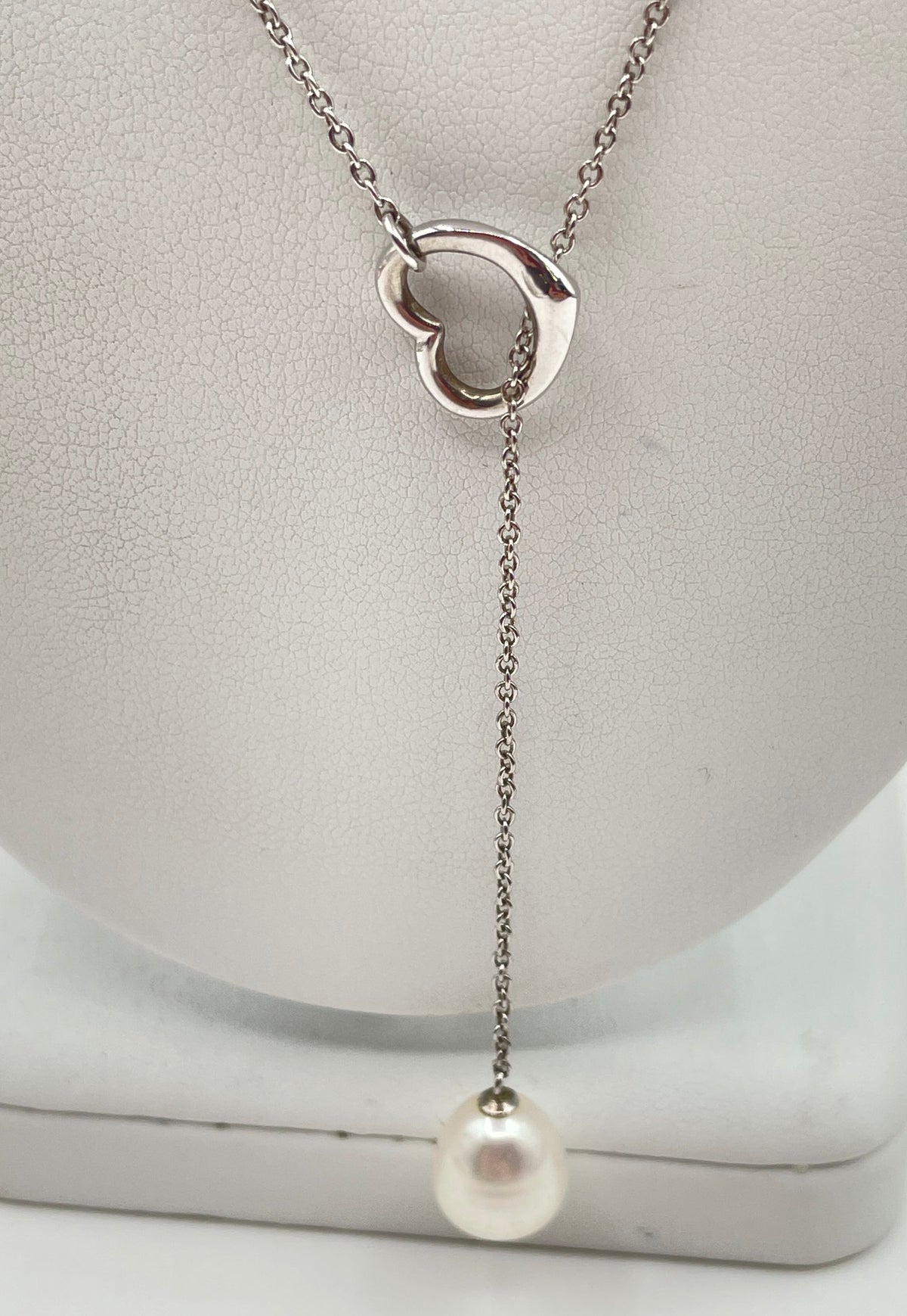 925 Sterling Silver Open Heart Pearl Lariat Necklace 5.1g