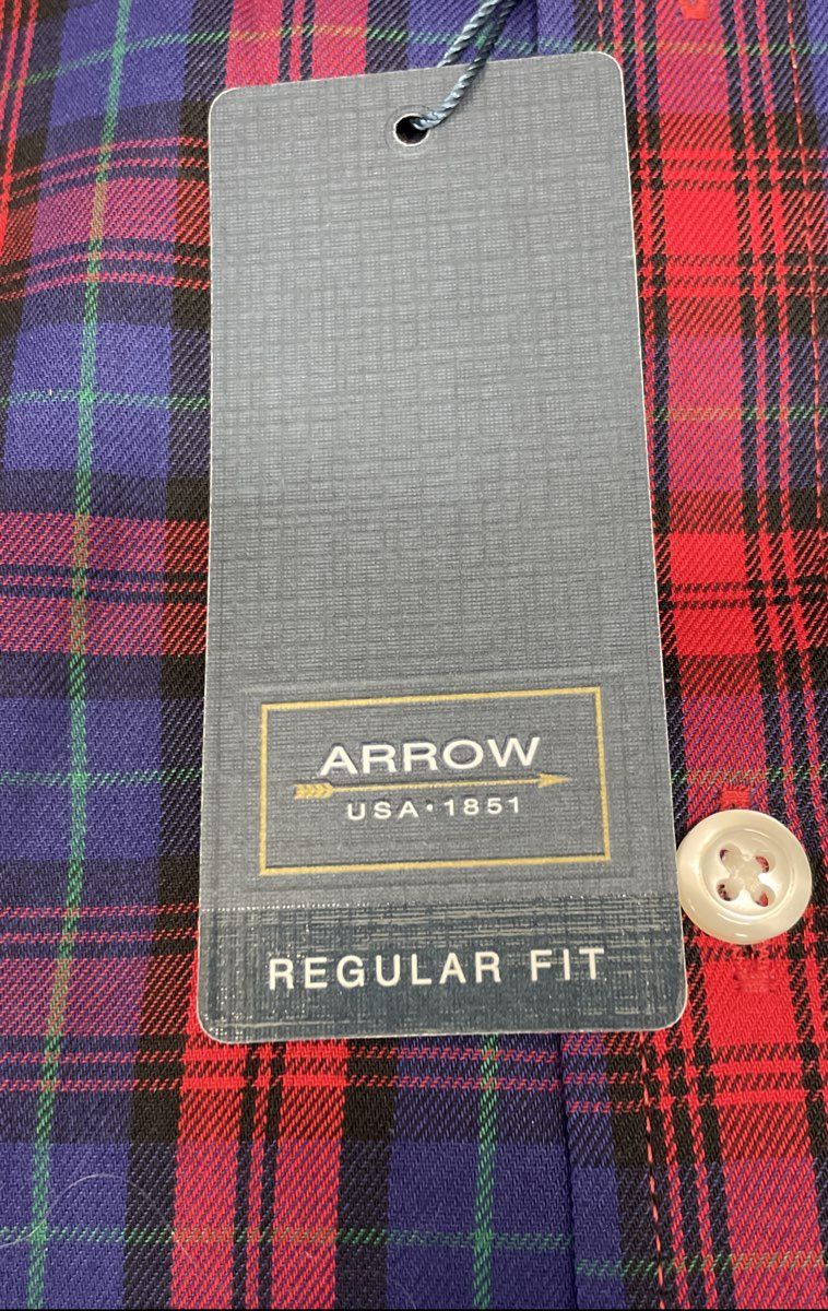 Arrow Men's Regular Fit Plaid Shirt Red Blue Wrinkle Free Button Down NWT Sz M