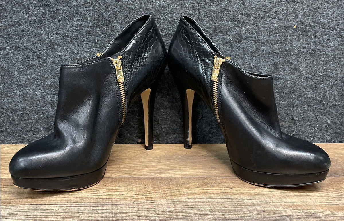 Michael Kors Black Leather Gold Zip Platform Shootie Heels Size 9.5M