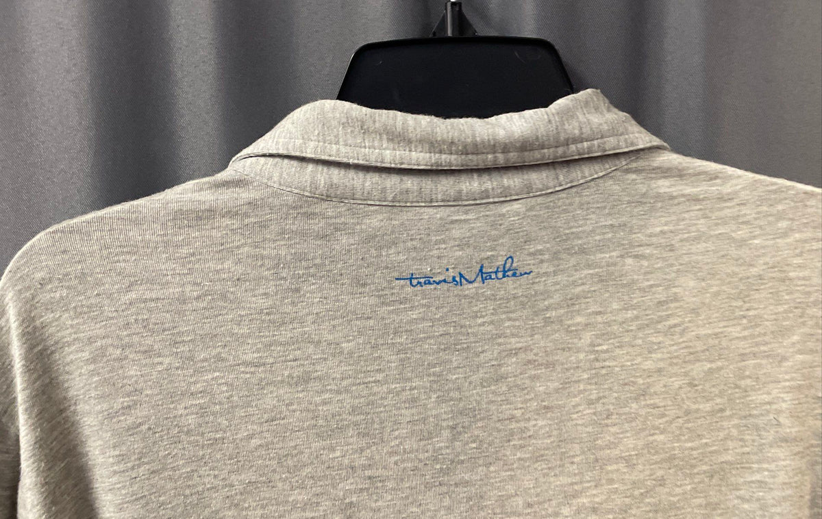 TravisMathew Men's Heather Gray Blue Striped Short Sleeve Polo Shirt Sz M