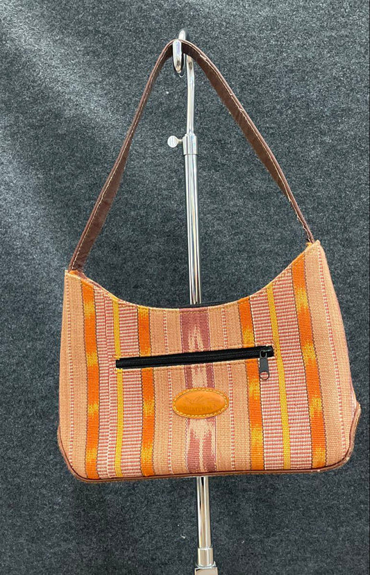 Vintage Guatemala Brown Patterned Fabric Leather Trim Shoulder Bag Purse