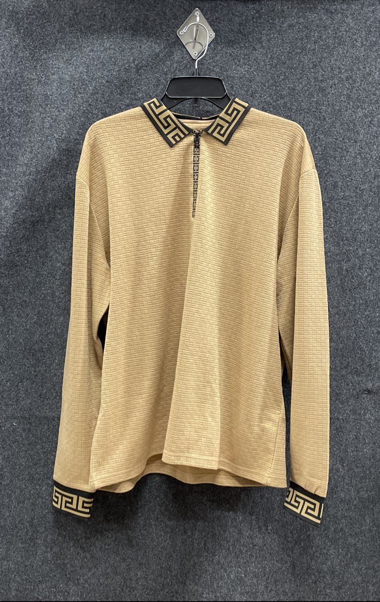 Suslo Couture Men's Brown Quarter Zip Pullover Greek Key Trim Shirt Sz 3XL