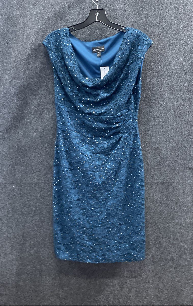 Connected Apparel Women's Blue Cowl Neck Sequined Lace Petite Dress Sz 10P NWT
