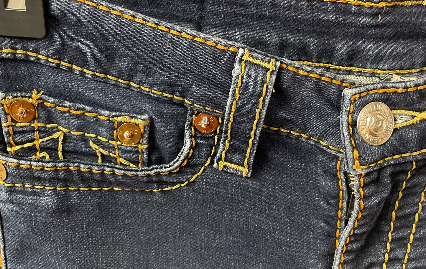 True Religion Women's Section Legging Blue Jeans Yellow Contrast Stitch Sz 28