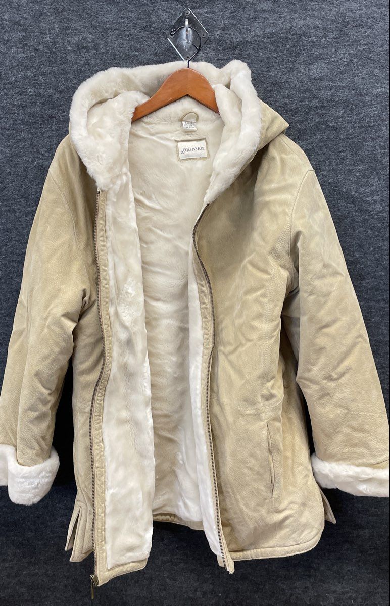 St. John's Bay Women's Beige Faux Fur Lined Suede Hooded Coat Vintage Y2K Sz L