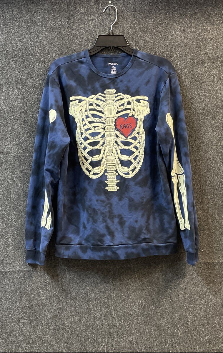 Rags Blue Tie Dye Skeleton Graphic Sweatshirt Ribs Heart Sz M