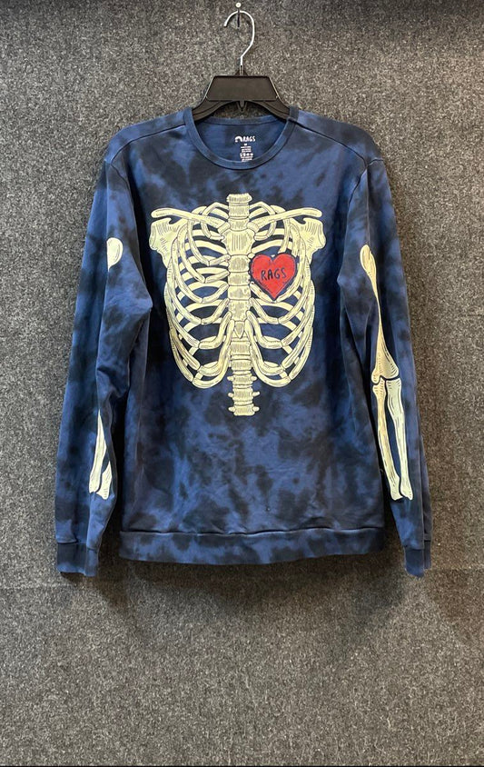 Rags Blue Tie Dye Skeleton Graphic Sweatshirt Ribs Heart Sz M