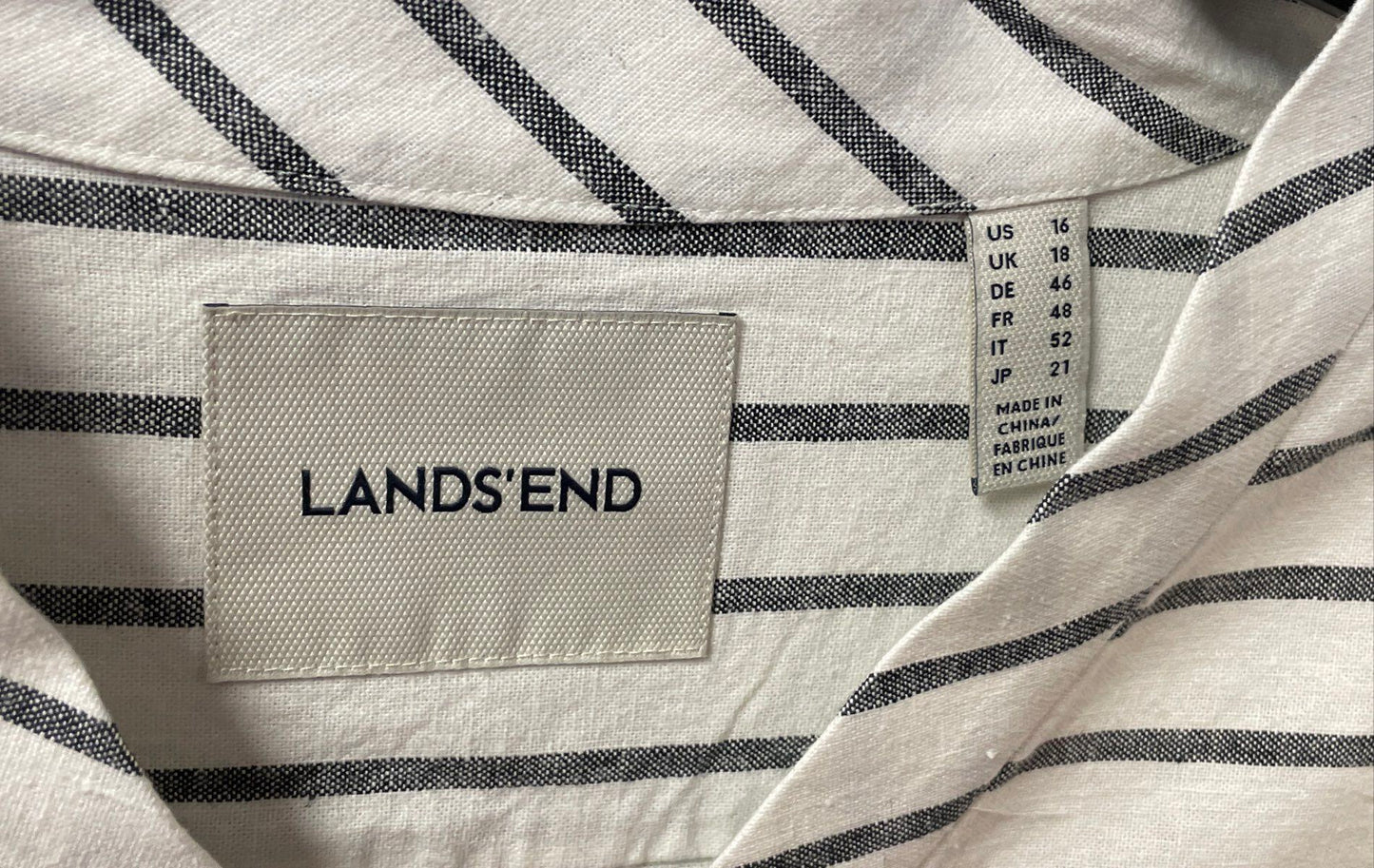 Land's End Women's Striped Cotton Linen V-Neck Short Sleeve Shift Dress Sz 16