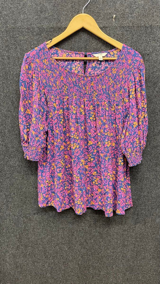 Terra & Sky Women's Blue Pink Floral Smocked Rayon Blouse Puff Sleeve Sz 2XL