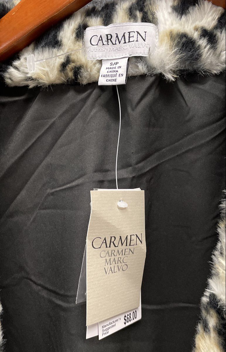 Carmen Marc Valvo Women's Leopard Print Faux Fur Open Front Vest NWT Sz S