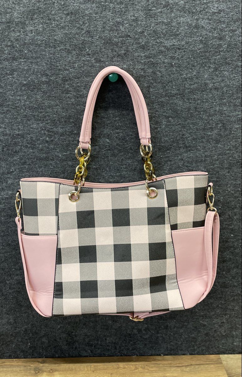 Mia K. Collection Pink Black Buffalo Check Gingham Tote Bag and Wallet Set