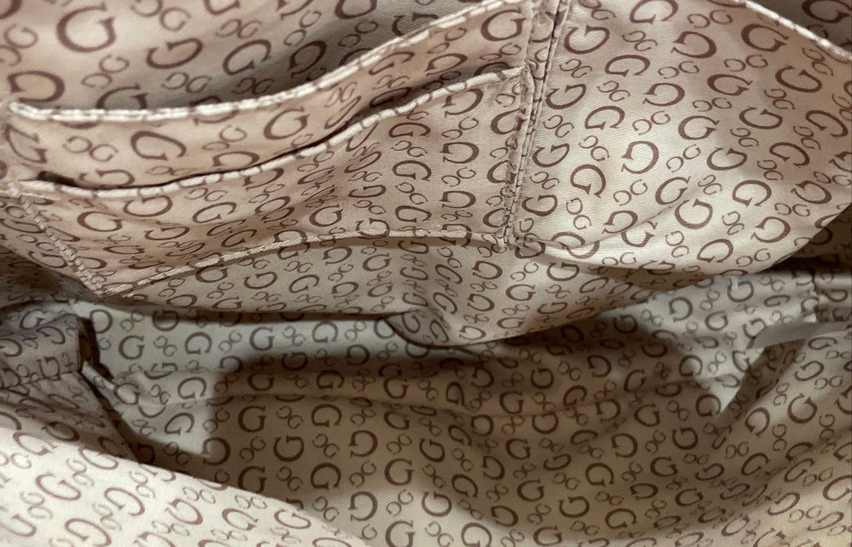 Guess 1981 Brown Red Leather Monogram Tote Bag Braided Handles Tassel Large