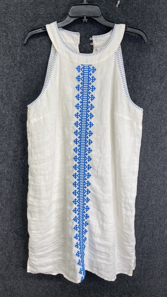 Lucky Brand Women's White Blue Embroidered Linen Halter Blouse Tunic Sz Large