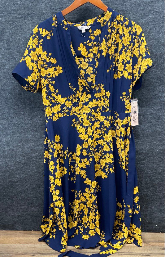Nanette Nanette Lepore Women's Navy Gold Floral Pleated V-Neck Dress Sz 10 NWT