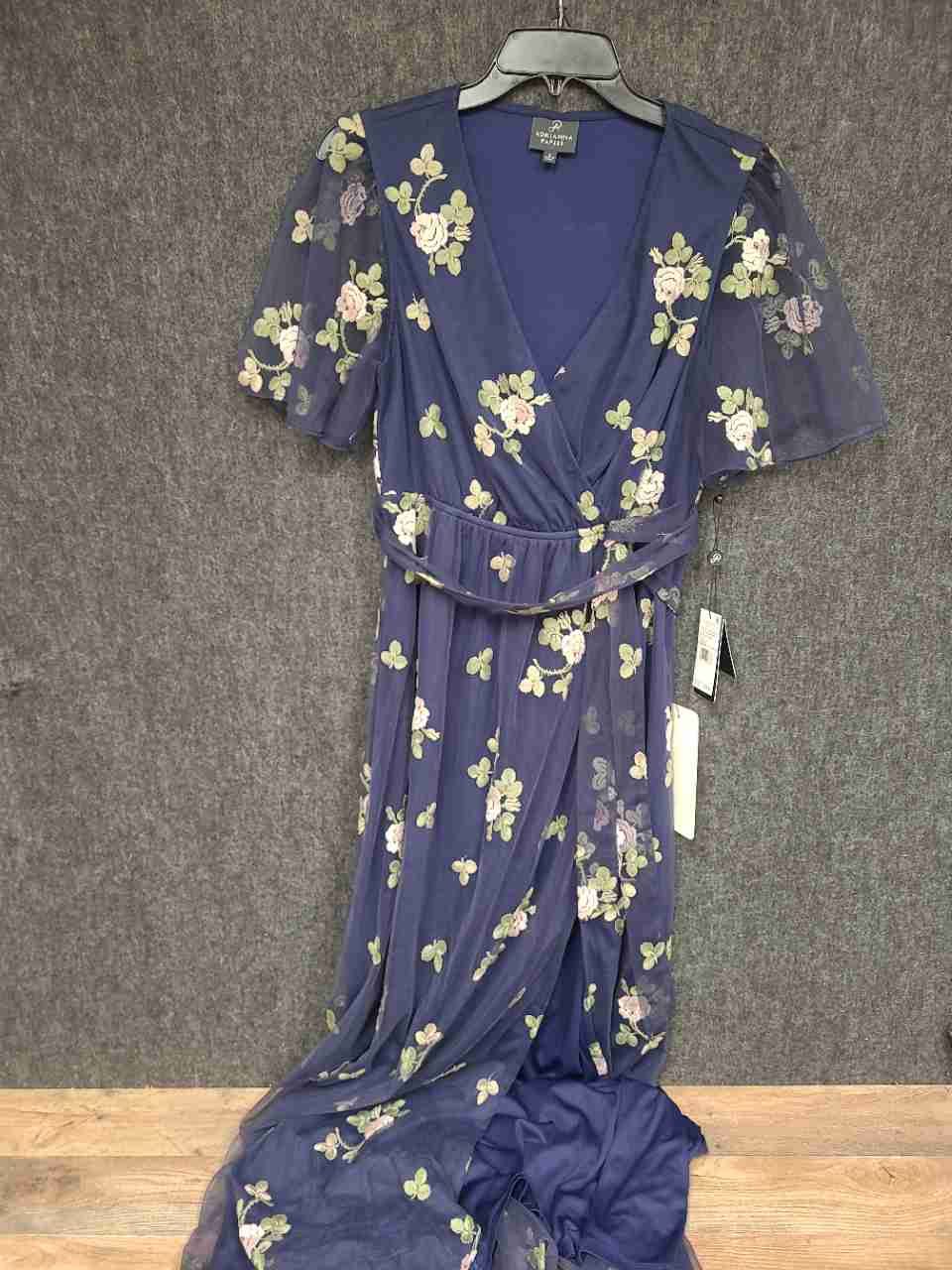 Adrianna Papell Women's Navy Multi Floral Embroidered Flutter Maxi Dress Sz S