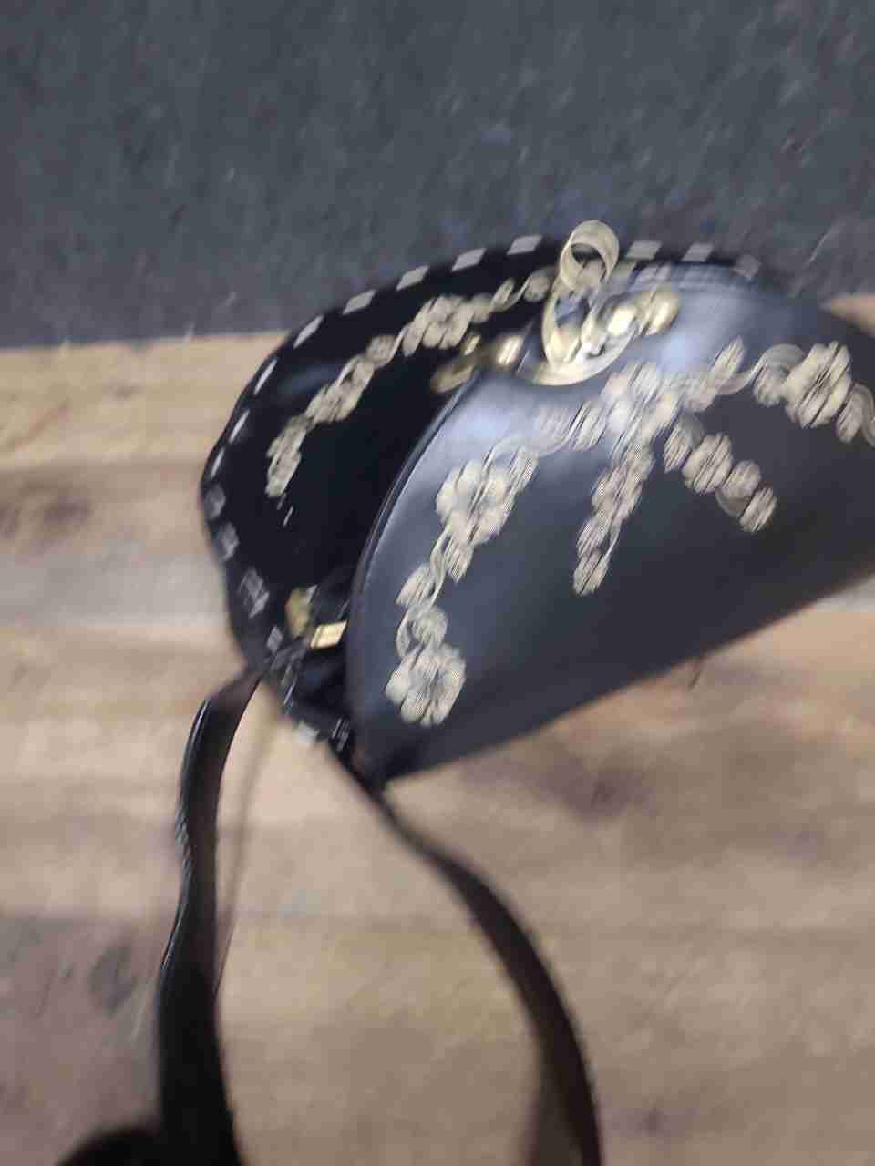 Black Floral Faux Leather Whipstitch Crossbody Saddle Bag Brass Hardware