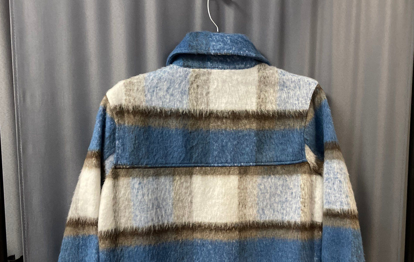 SO Women's Blue Cream Longline Plaid Shacket Fuzzy Button Up Coat NWT Sz XS