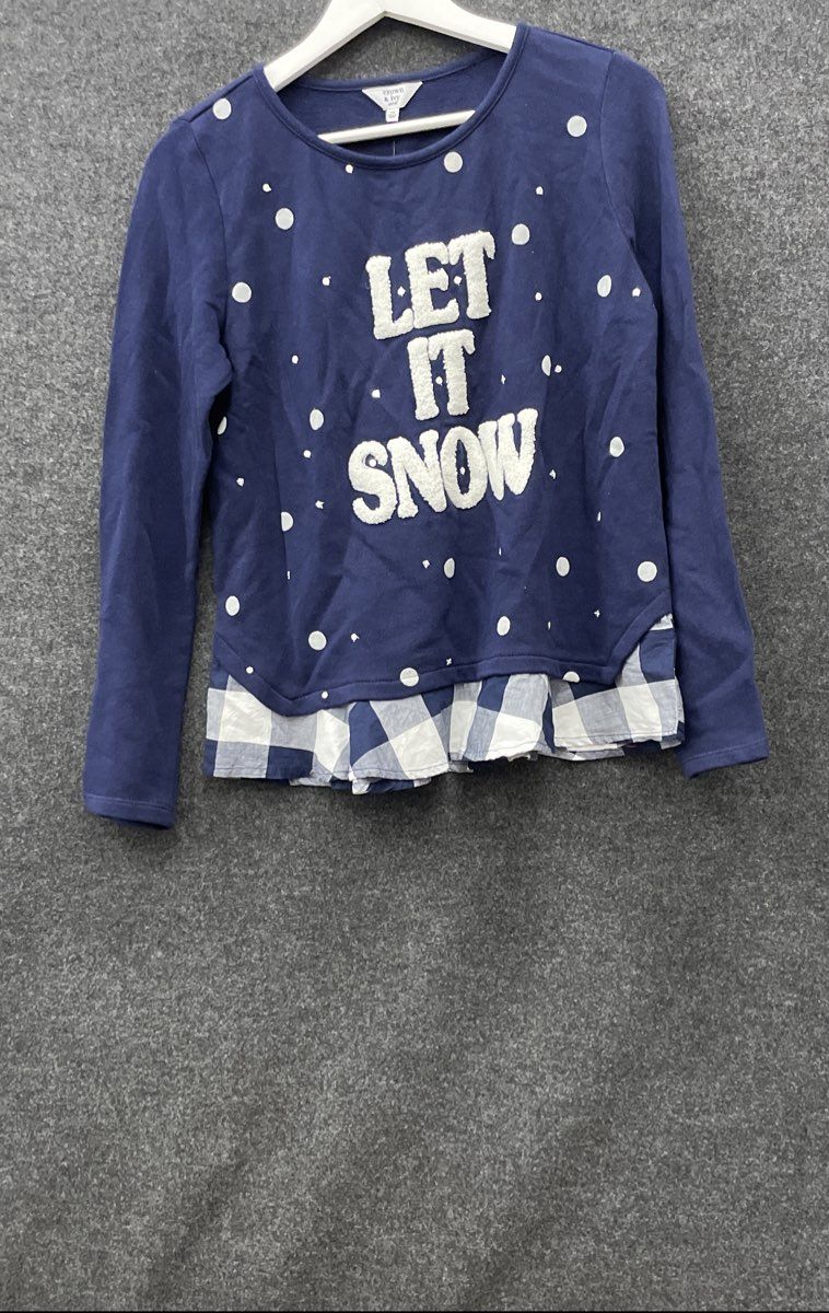 Crown & Ivy Women's Navy Christmas Let It Snow Gingham Hem Sweater Sz PM NWT