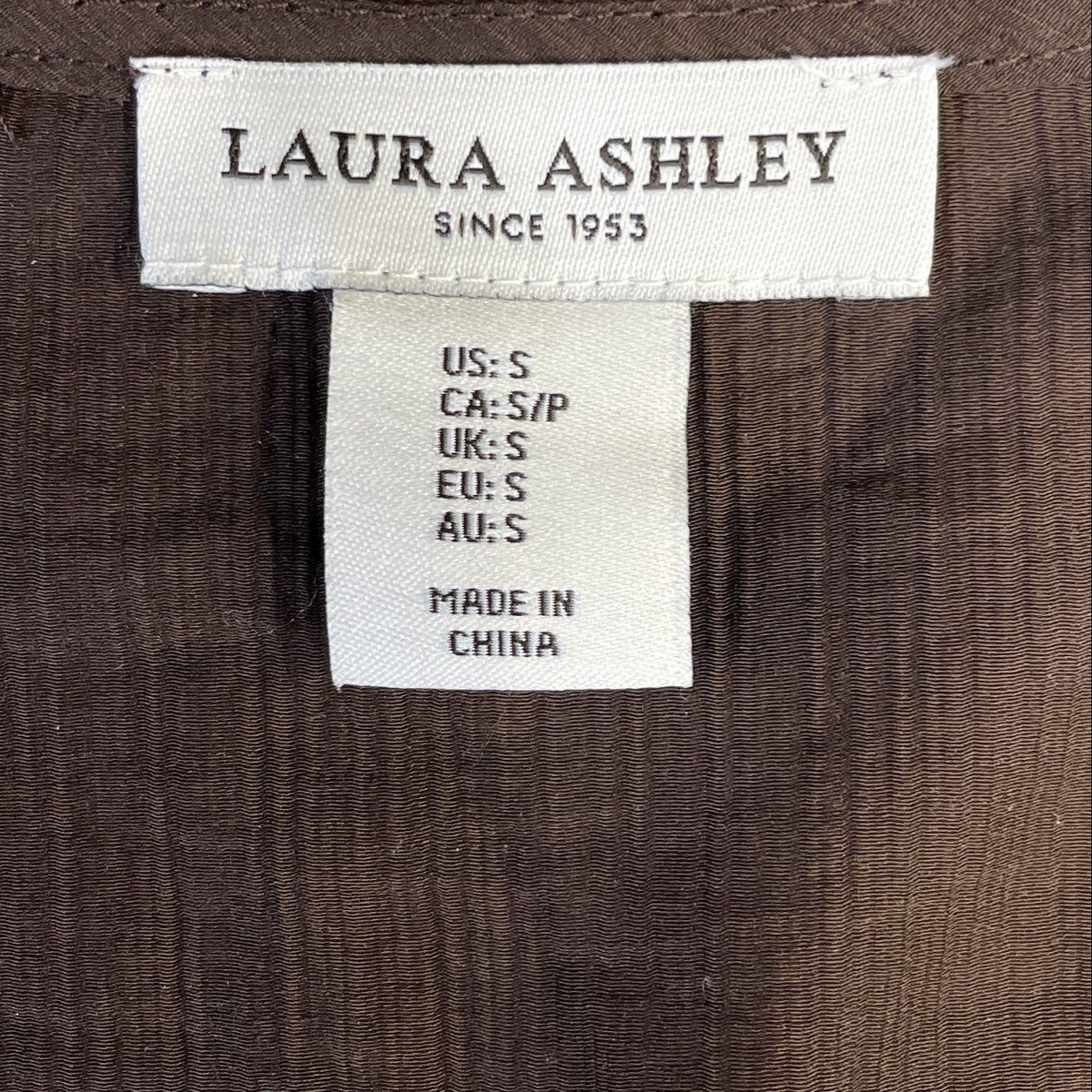 Laura Ashley Women's Brown Puff Sleeve Tie Front Ruffle Textured Blouse Sz S