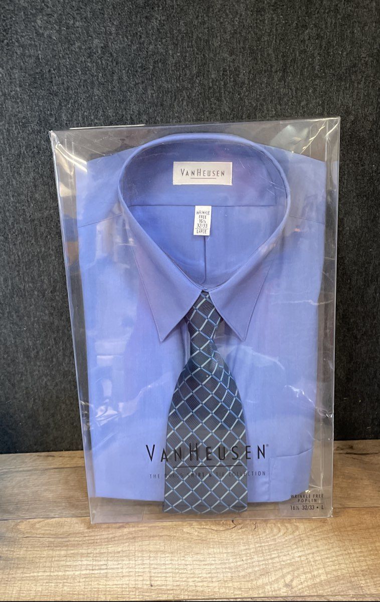 Van Heusen Men's Dress Shirt Tie Combo Blue Wrinkle Free Poplin NWT Sz 16.5