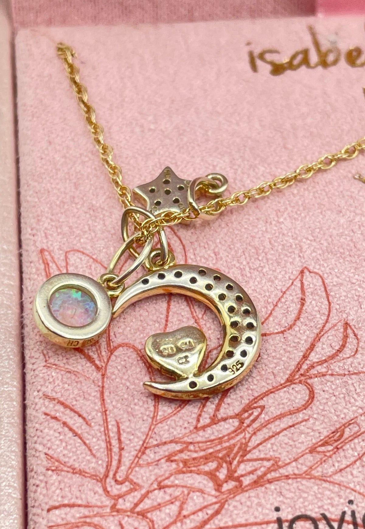 Isabella M. Low Grade Silver (82.08) Gold Tone Moon Charm Necklace In Box 61.9g