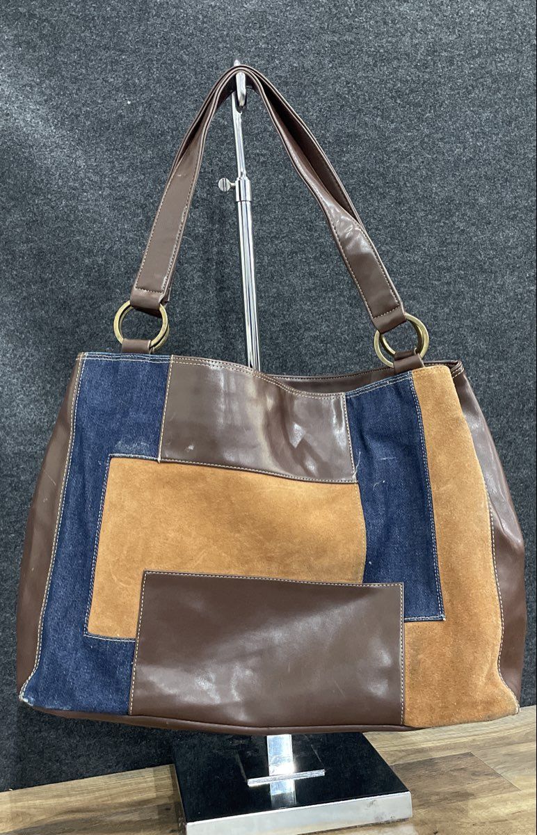 Nine West Blue Tan Brown Patchwork Denim Suede Leather Tote Bag Purse