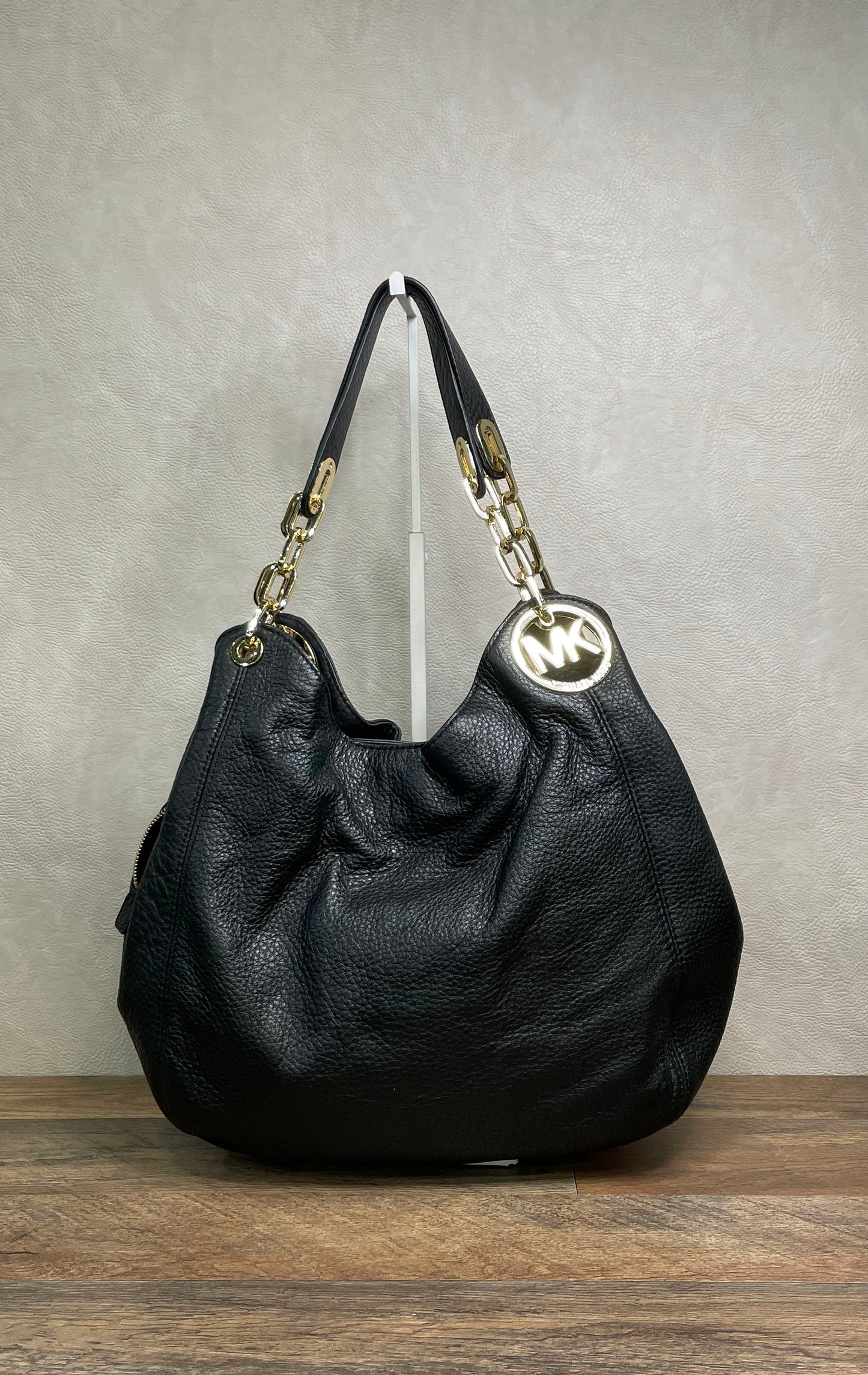 Michael Kors Black Pebbled Leather Fulton Large Hobo Bag Gold Hardware
