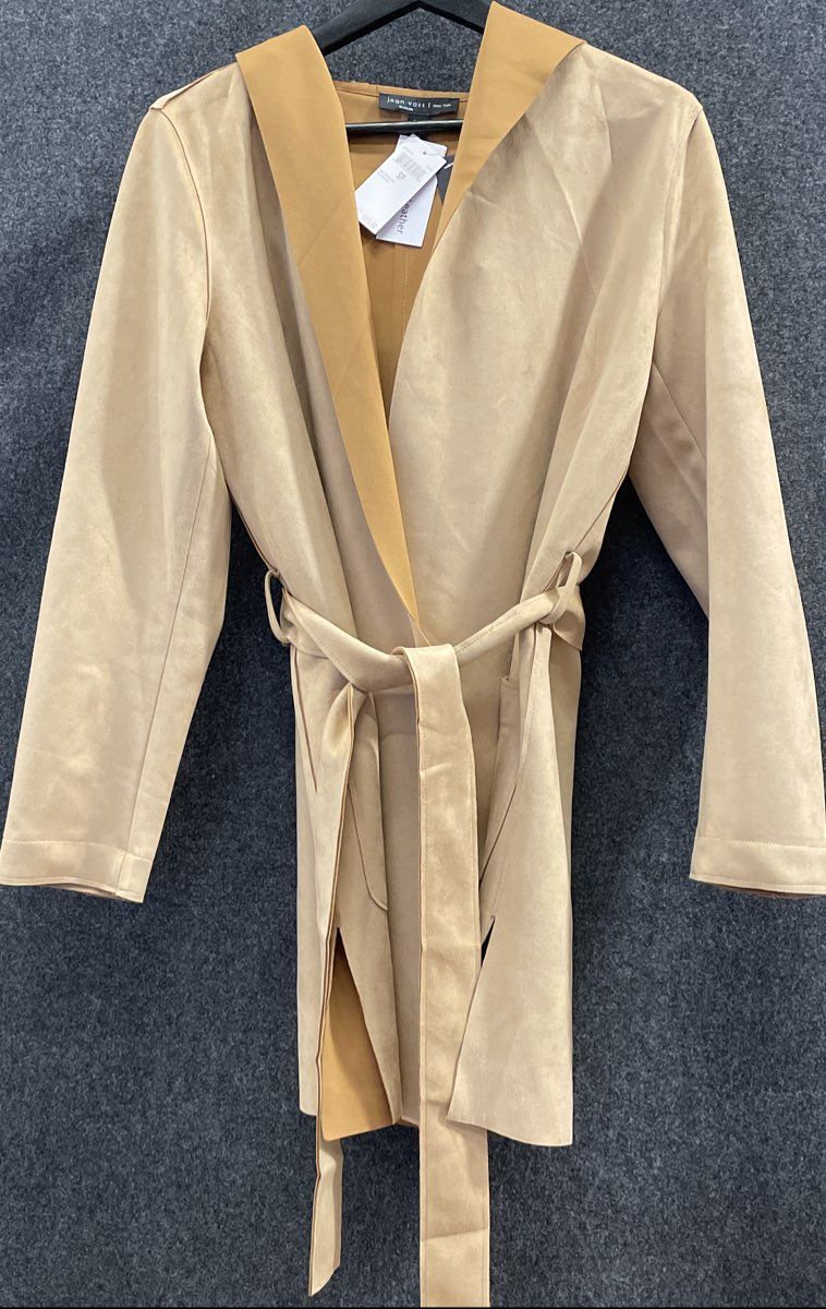Joan Vass Women's Sesame Faux Leather Hooded Belted Wrap Coat Sz S NWT