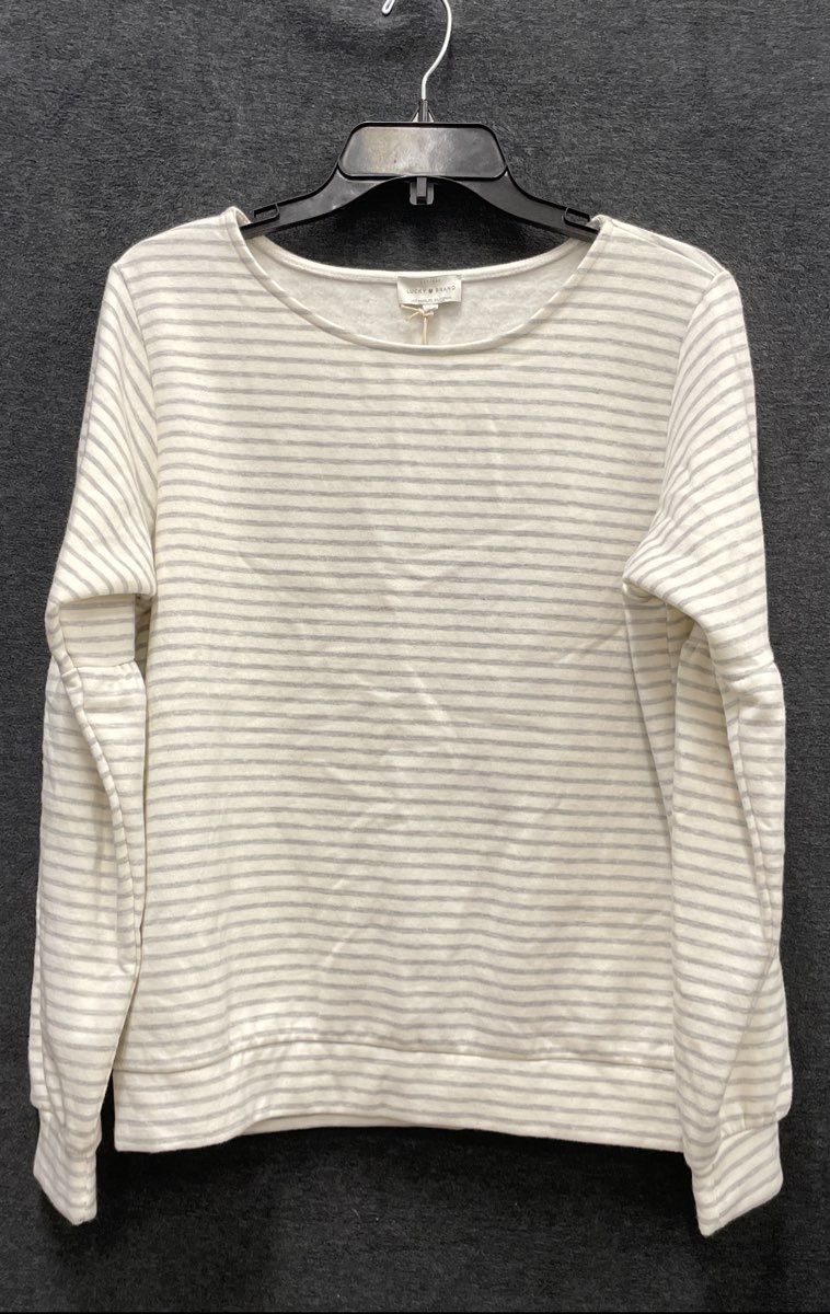 Lucky Brand Women's Striped Fleece Sweatshirt White Grey Puff Sleeve NWT Sz L