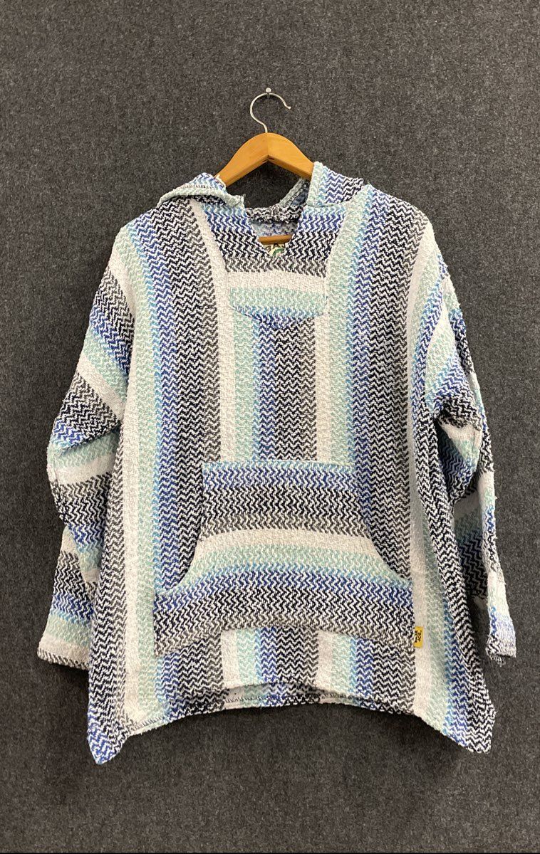 Baja Joe Men's Blue White Striped Mexican Baja Poncho Hoodie Pullover Sz XXL