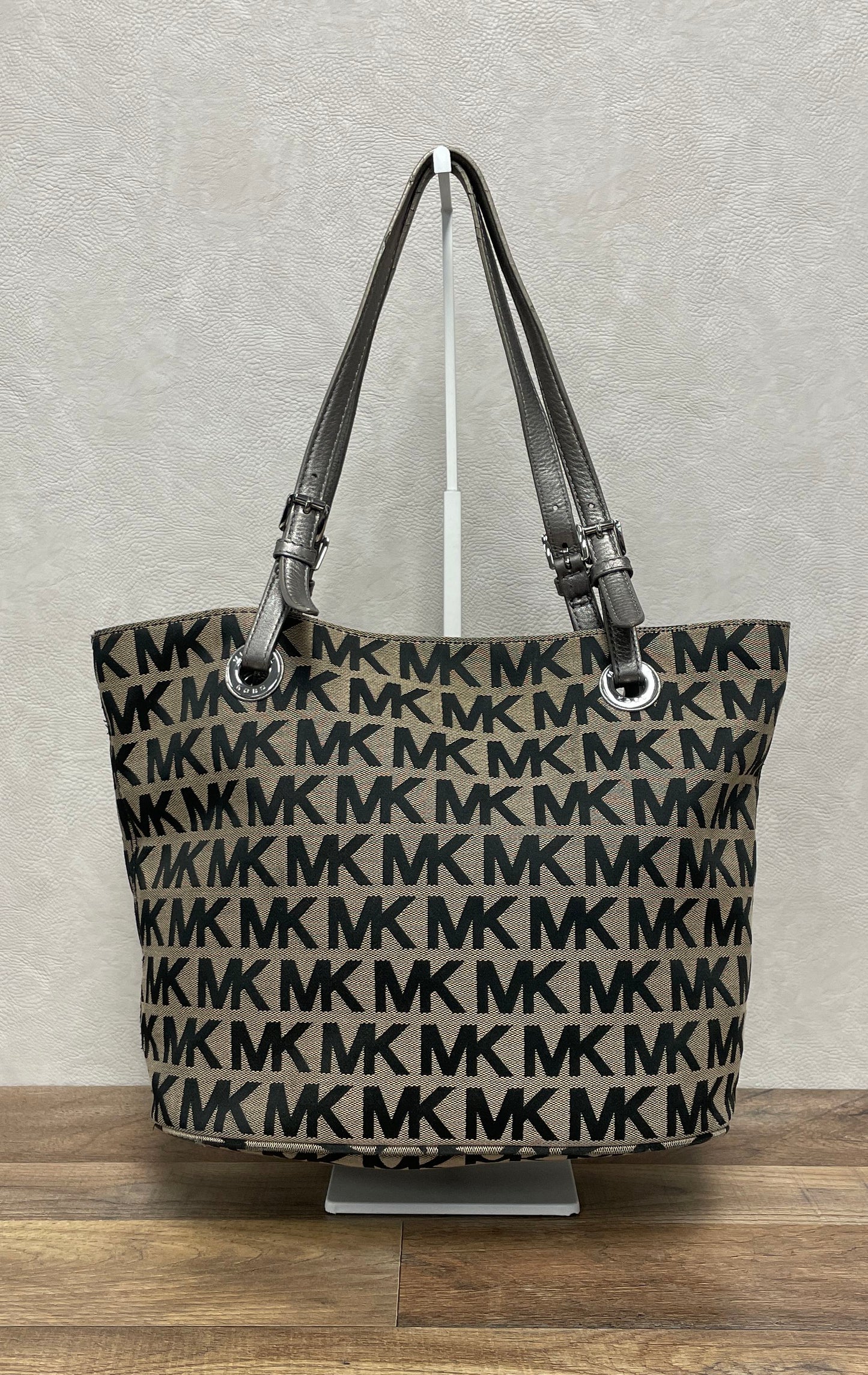 Michael Kors Black Tan MK Signature Jacquard Logo Tote Bag Silver Hardware