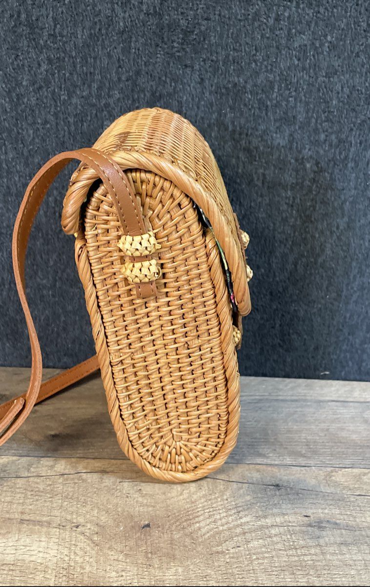 Unbranded Brown Woven Rattan Wicker Box Crossbody Bag Floral Lining